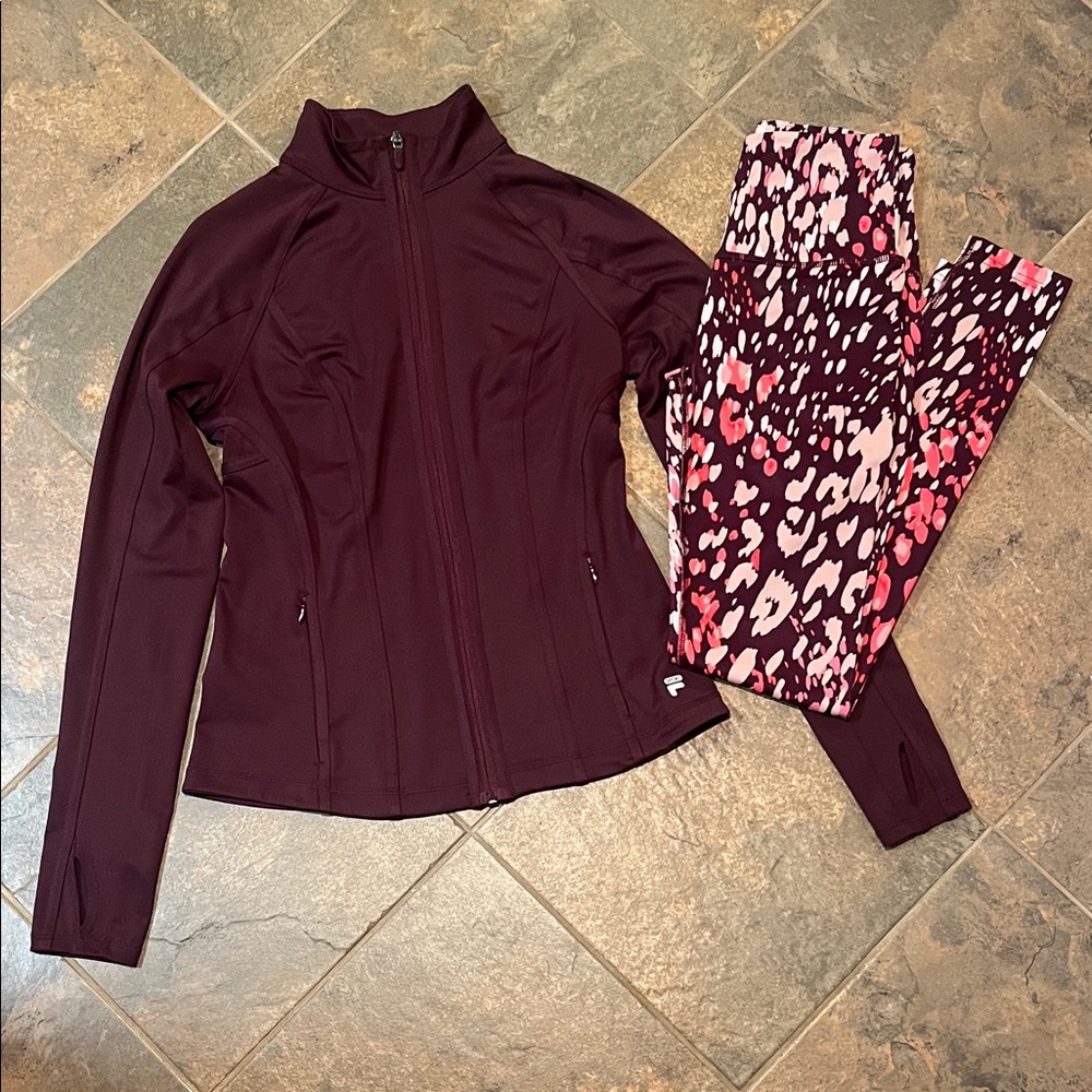 FILA Maroon Jacket and Pink Leopard Leggings Set